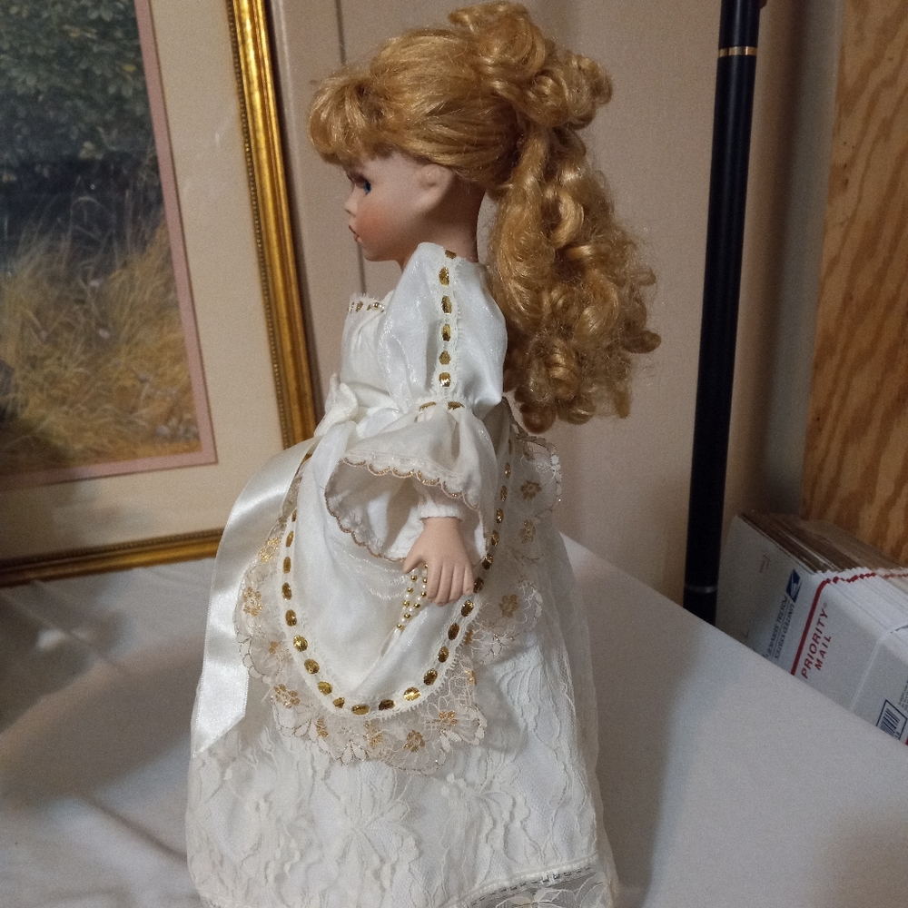 Vtg Porcelain Doll Blonde Hair Blue Eyes in Silky  Dress - Picture 2 of 9